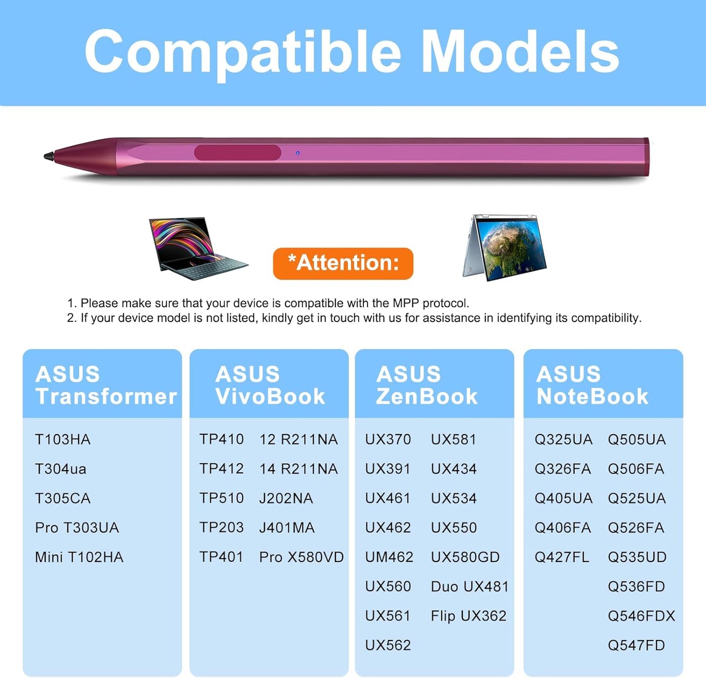 Stylus Pen for ASUS Transformer/ASUS Zenbook/ASUS Vivobook Flip/ASUS Notebook Touchscreen Laptop Tablet Rechargeable MPP 2.0 Tilt Pencil 4096 Pressure Sensitivity Microsoft MPP Protocol, Red
