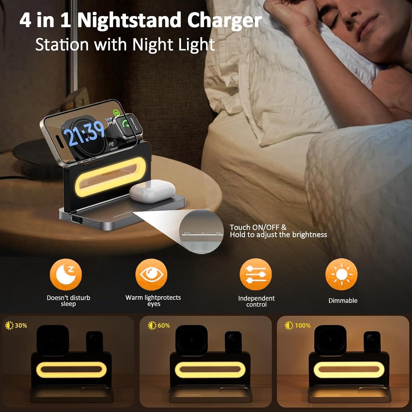 4-in-1 Wireless Charger with Adjustable Night Light, Magnetic Foldable Stand for iPhone 12-16/Apple Watch/AirPods, 15W Fast Charging Bedside Dock - Multi-Device Compatible