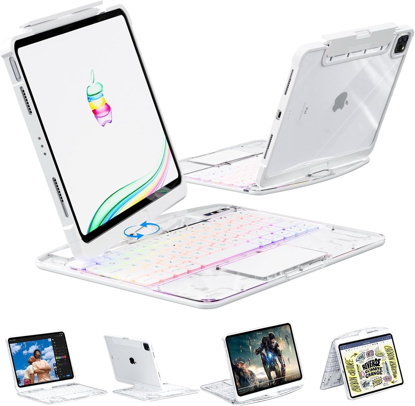 KARTICE Case with Wireless Keyboard Compatible with iPad 10th 2022 10.9 inch, Multi-Touch Trackpad, 7 Color Backlight, 360° Rotating Stand with Pencil Holder for 10th, Excludes iPad and Pencil