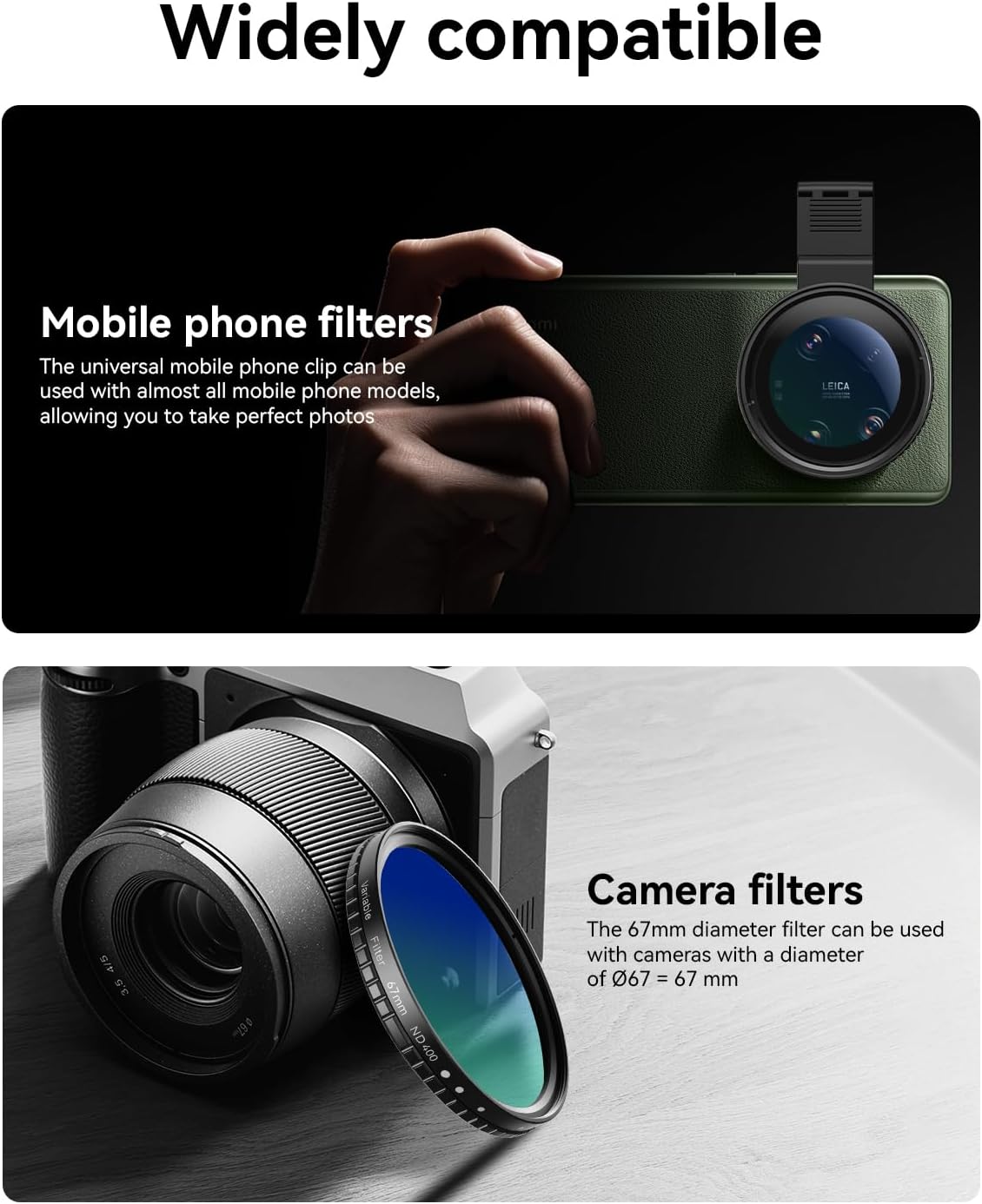 67mm Variable ND2-400 Filter for iPhone/DSLR - Phone Neutral Density Lens Attachment with Universal Clip, Compatible with iPhone 16/15/14/13 Pro Max, Samsung Galaxy, Huawei, etc.