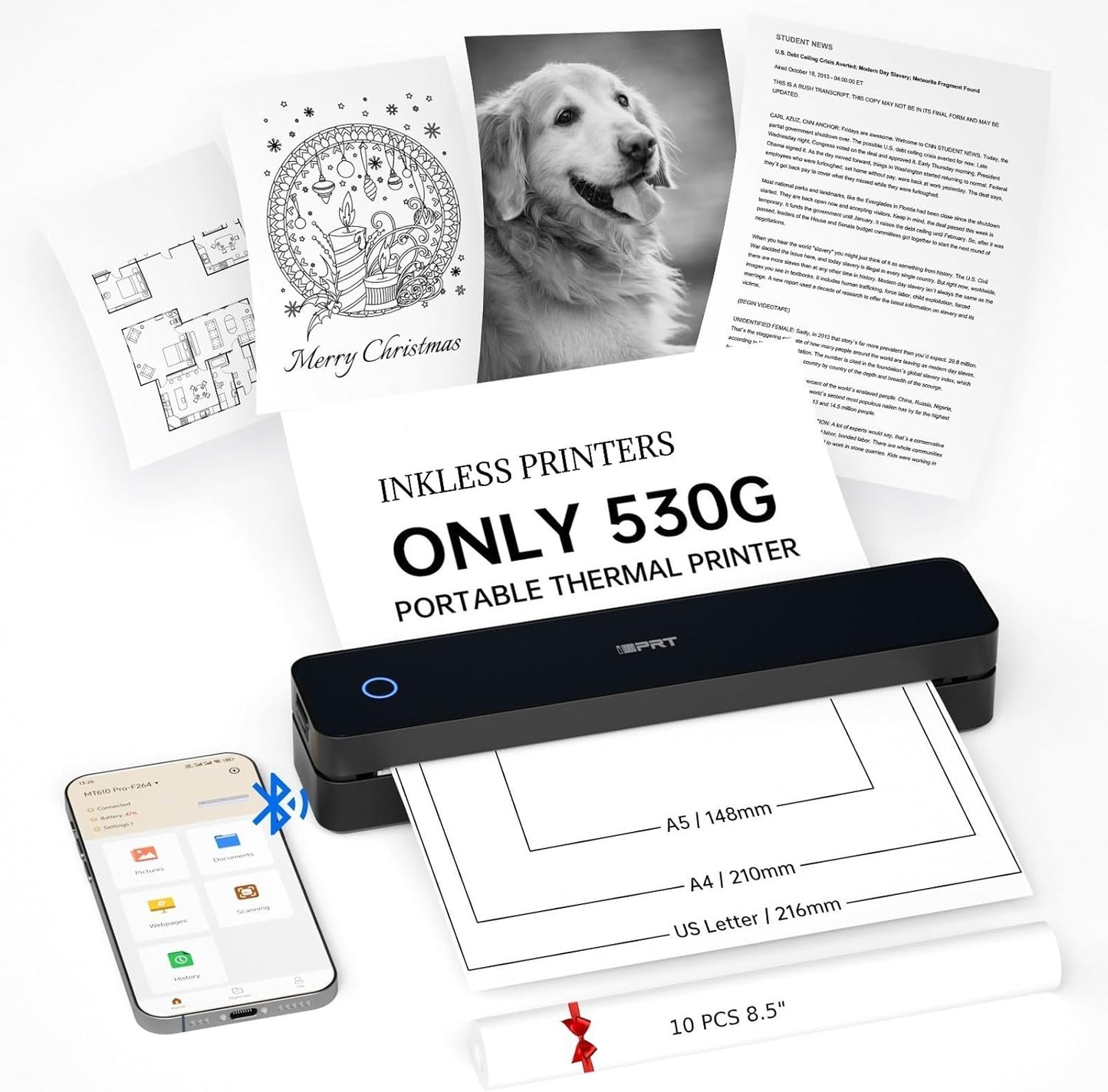 iDPRT Portable Printer Wireless for Travel, Inkless Bluetooth Thermal Printers for Home,Office,Vehicles203DPI,Supports 8.5" x 11" US Letter&A4 A5 Size,Compatible with Android and iOS Phones&PC