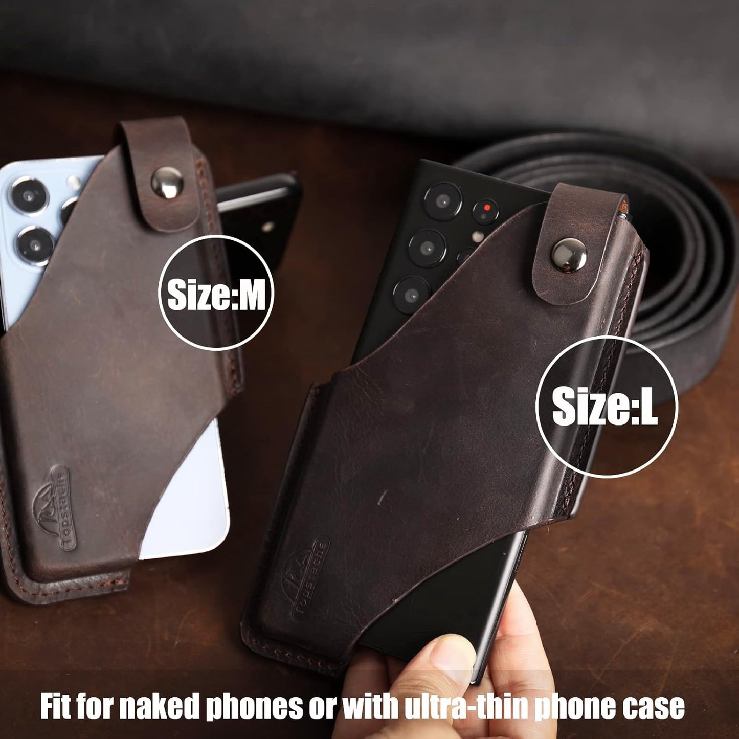 Topstache Leather Phone Holster/ Sheath with Belt Clip Loop, Magnetic Closure,Cell Phone Case/ Pouch for iPhone, Samsung,Darkbrown,Large