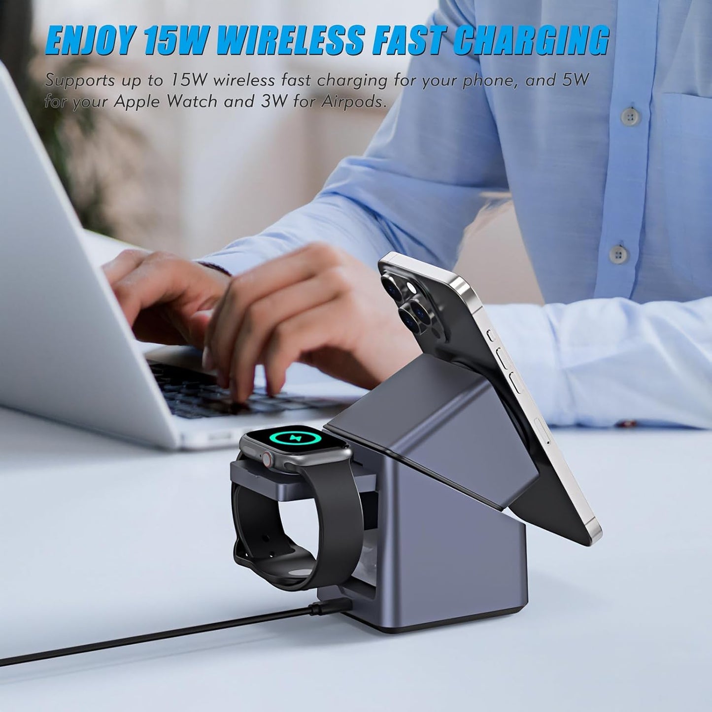 4-in-1 Charging Station Compatible with Magsafe, 15W Fast Wireless Charger Stand with LED Clock, Adjustable Metel Phone Stand for iPhone 16/15/14/13/12 Series, Apple Watch, AirPods