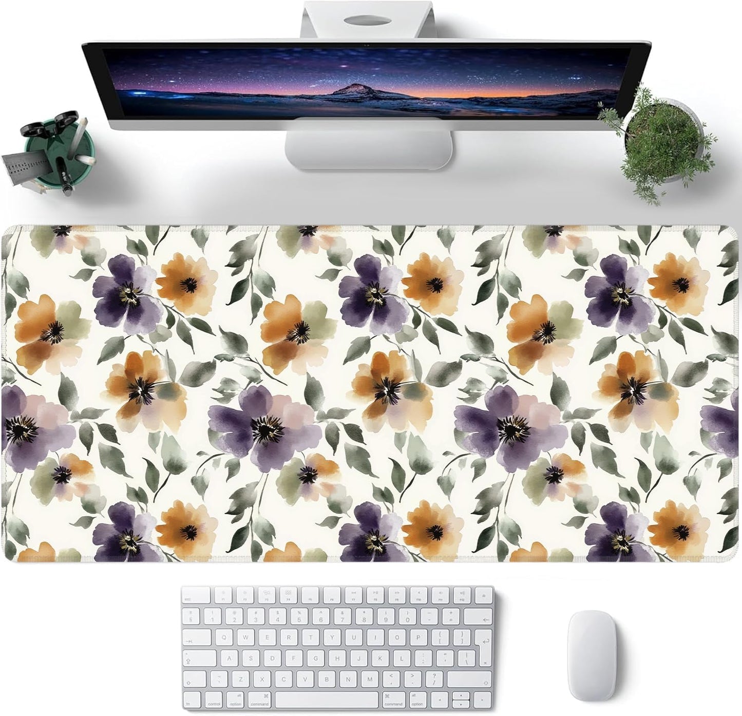 Watercolor Floral Large Mouse Pad,Gaming Keyboard Desk Pad,Extended Mouse Mat Non-Slip Rubber Base with Stitched Edges for Office Game Home XXL 35.4"x15.7"