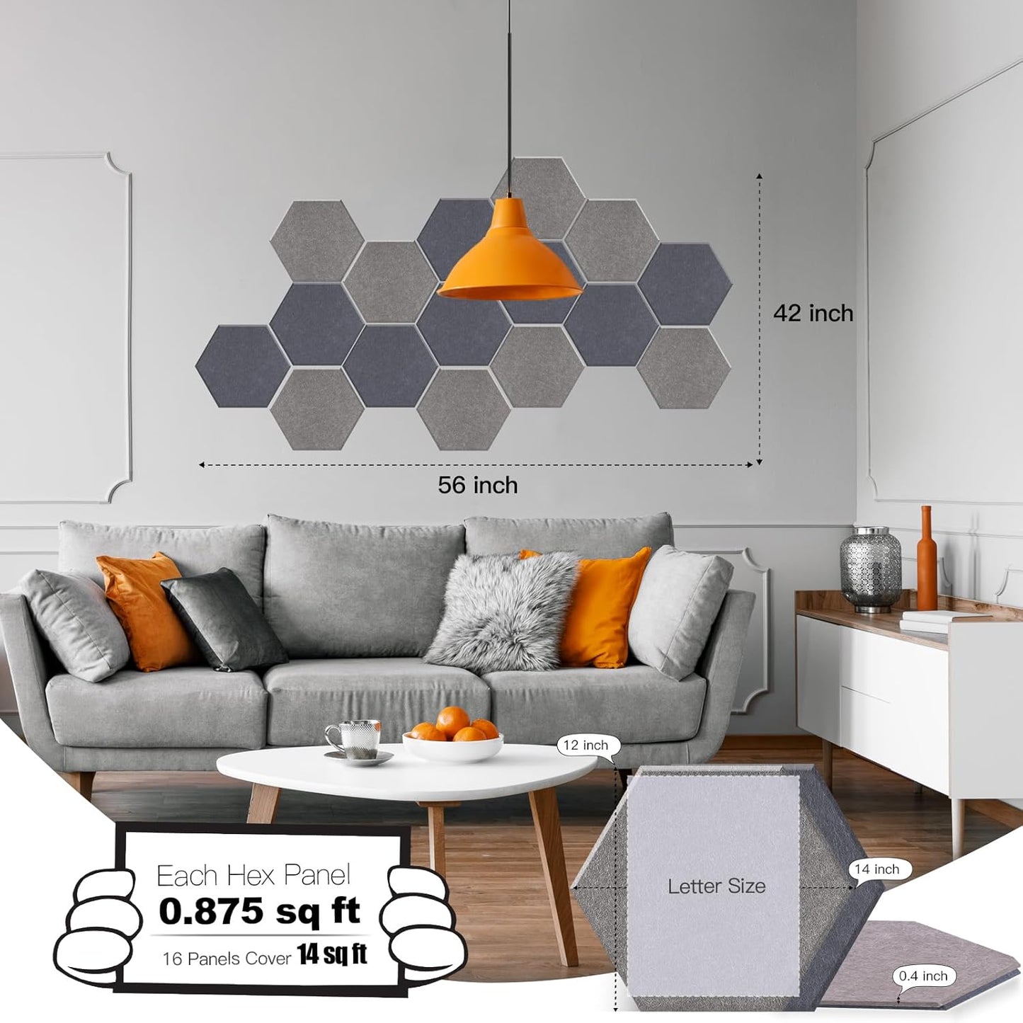Mollywell Hexagon Acoustic Panels, High Density, Soundproofing, Decorative Noise Reduction Felt Wall Tiles for Ceilings, Home Office & Gaming Room (Afraica and Moon Gray), 14x12x0.4 Inch
