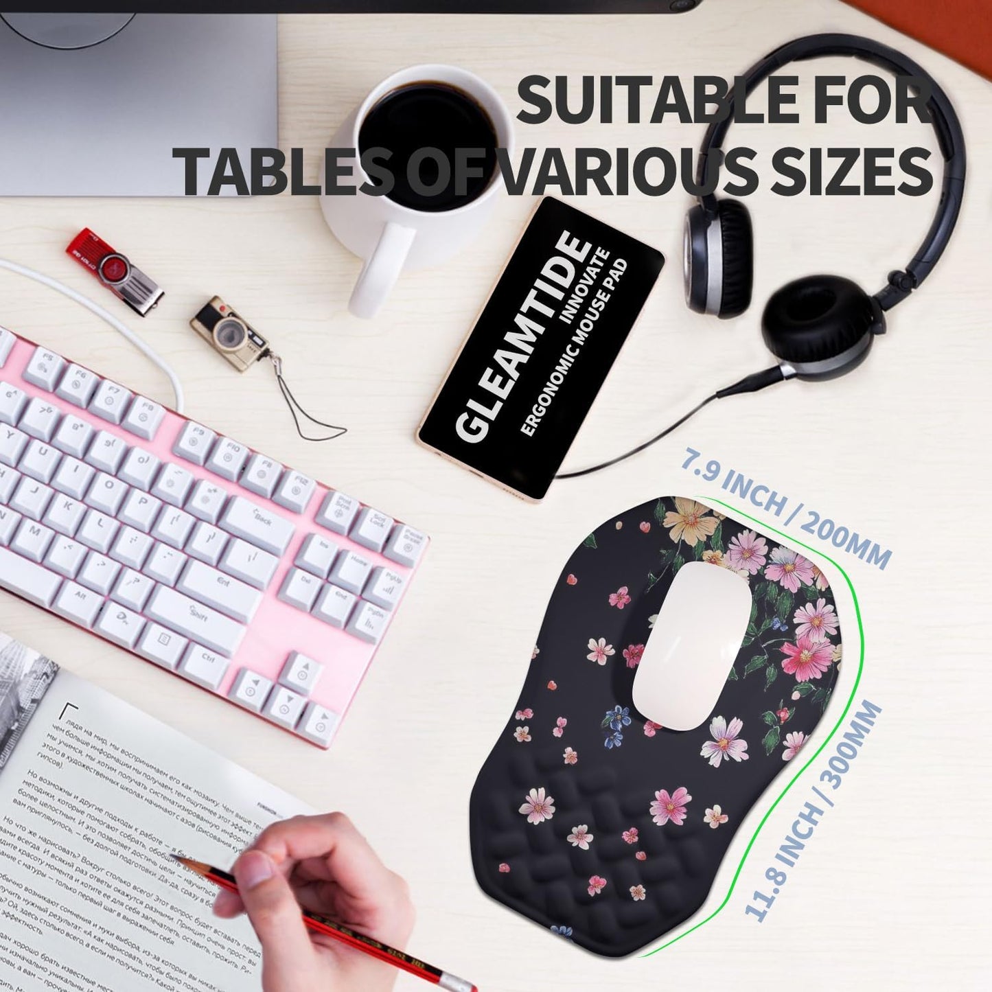 Ergonomic Raised Mouse Pad Wrist Support with Bilateral Slope Memory Foam Mousepad for Wrist Rest and Carpal Tunnel Pain Relief 11.8x7.9〃Flowers Bloom and Fade