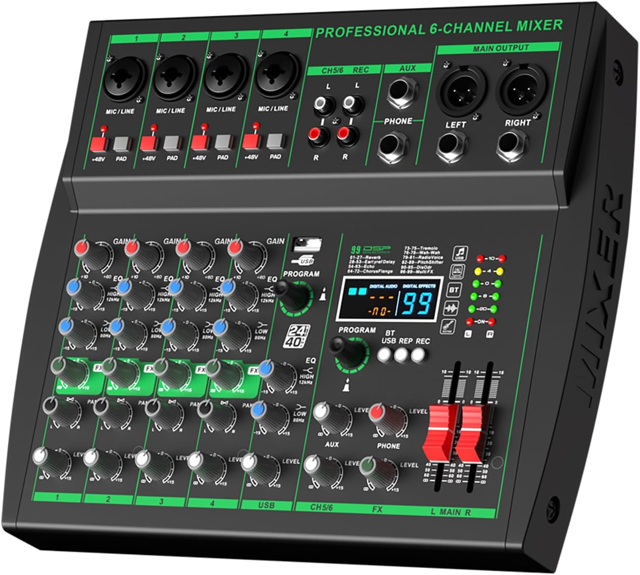 MW-6 black 6-Channel Professional DJ Audio Mixer Portable Controller Mixer with DSP 99 Preset Effects for Live Streaming, Podcasting, Home Party