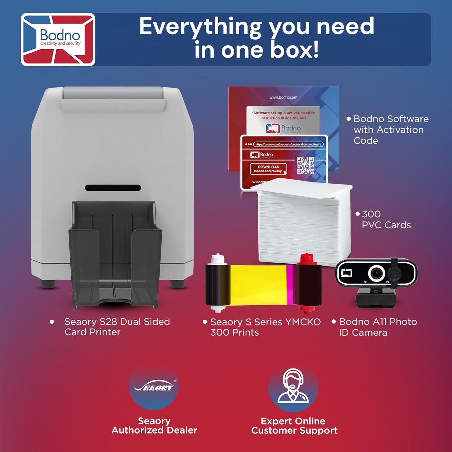 Bodno Seaory S28 Dual Sided ID Card Printer & Complete Supplies Package ID Software and Camera - Silver Edition