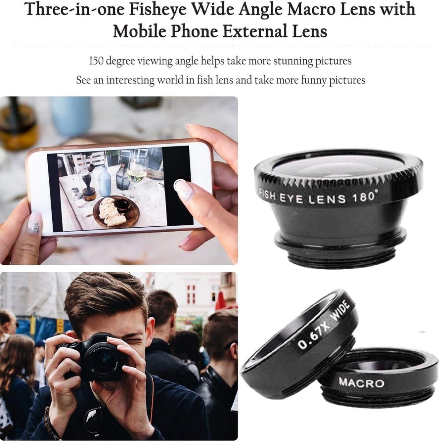 Phone Camera Lens,3 in 1 Cell Phone Camera Lens Kit,Fisheye Lens Macro Lens Wide Angle Universal for Smart Phones iPhone Samsung Android Black