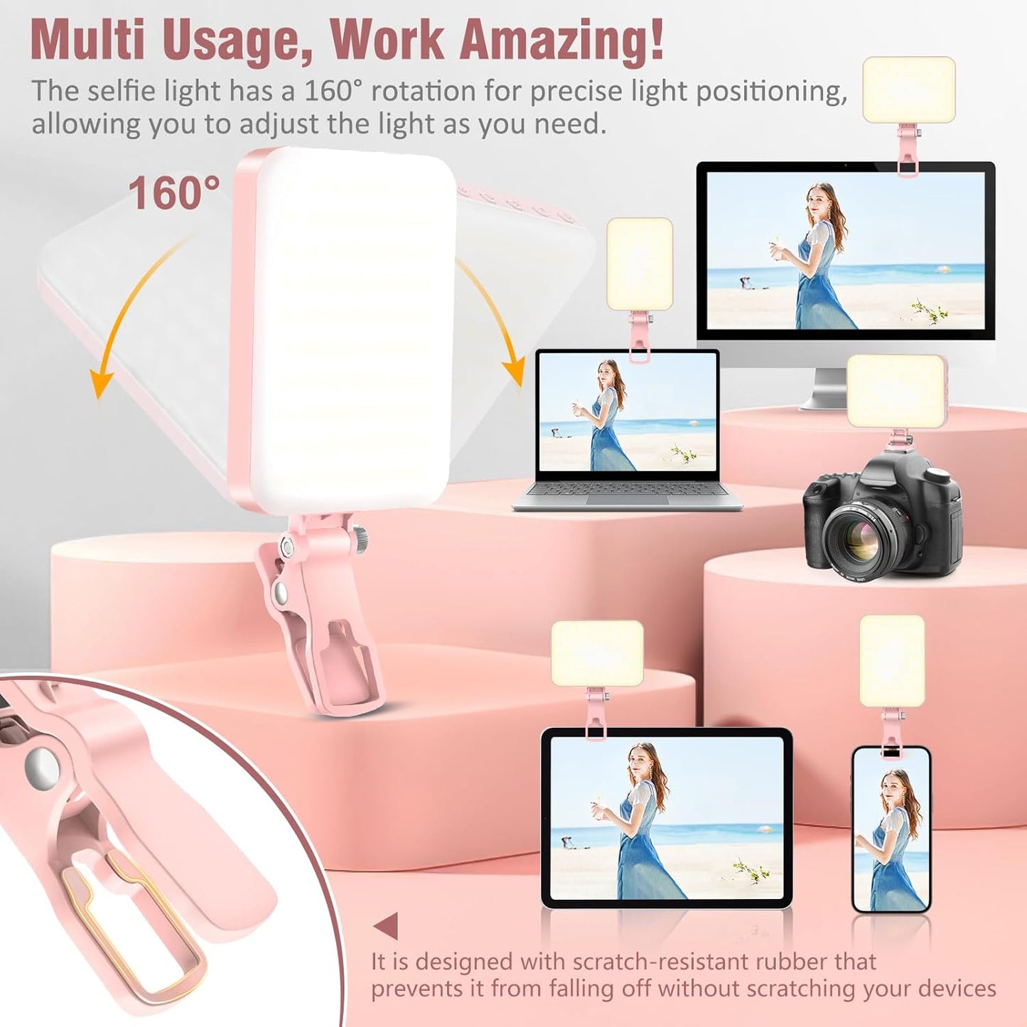 60 LED Portable Selfie Light Video Conference Lighting with Clip & Camera Tripod Adapter Rechargeable 2200mAh CRI 97+, 9 Light Modes for Phone iPhone Webcam Laptop Photo Makeup