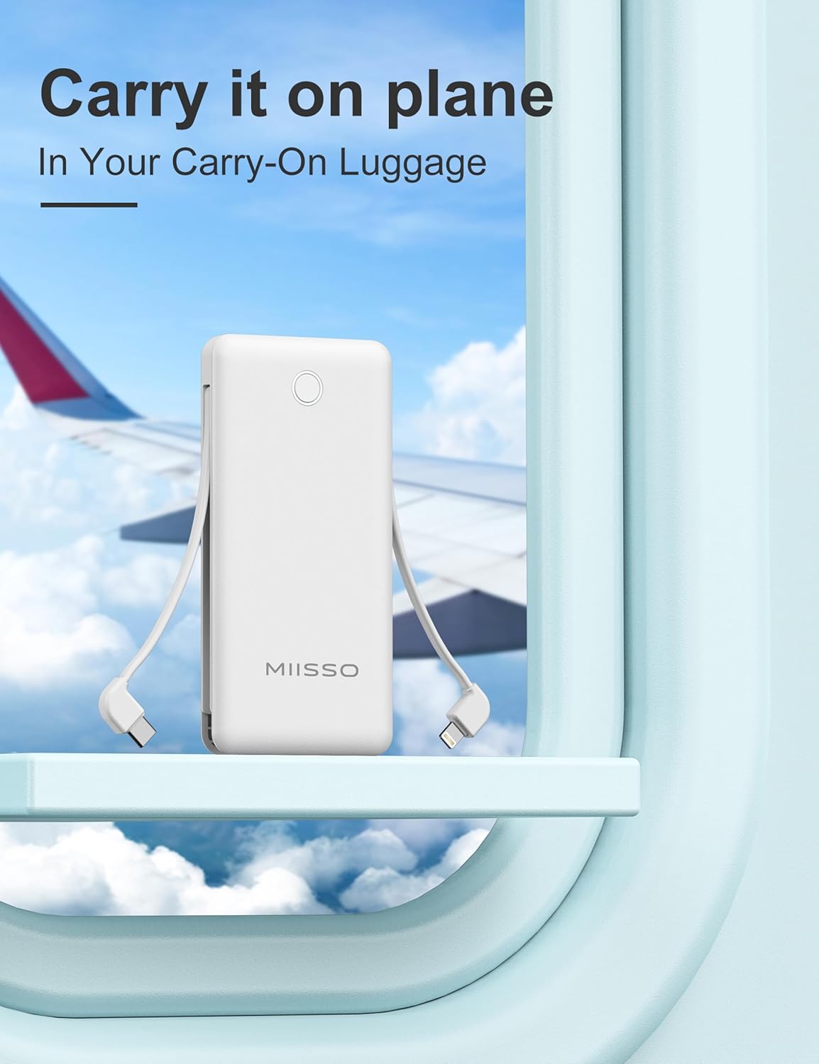 miisso 10000mAh Slim Portable Charger with Built in Cable, Power Bank Travel Charger External Battery Pack for Phone, 4 Output USB Type C Cord Clutch Charger Compatible with iPhone, White