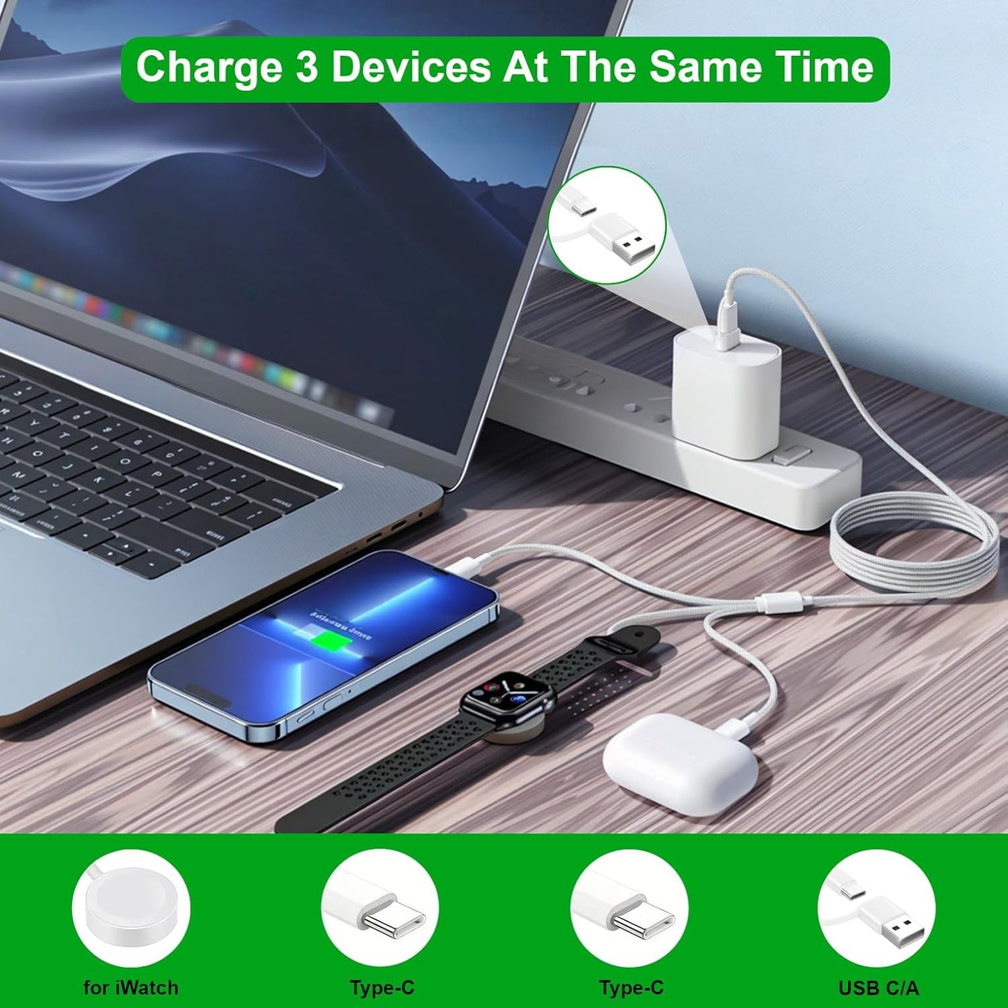 Upgraded 3 in 2 USB C Cable for Apple Watch Charger (4FT/1.2M) Travel USBC Multi Fast Charging Cord Compatible with iWatch Ultra 2/SE 2/10/9/8/7/6/5/4/3/2/1, iPhone 16/15 Pro Max Plus, iPad, AirPods