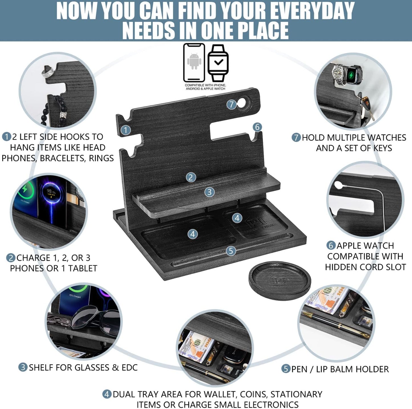 Black Wood Phone Docking Station for up to 3 Phones - Nightstand Organizer for Men & Women, Compatible with Apple Watch, Holds Phones, Tablets, Keys, Rings, Glasses, Watches, EDC & More