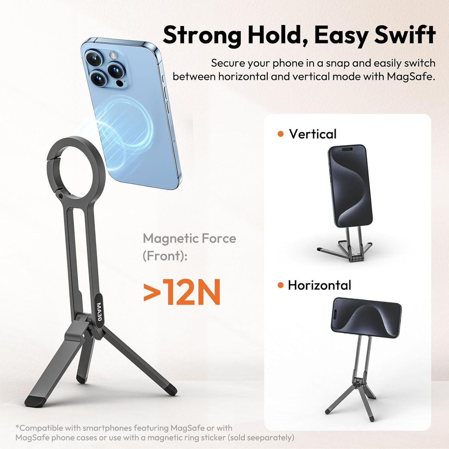 ULANZI MA30 Magnetic Phone Tripod Stand for iPhone - Aluminium Maglock Smartphone Mini Tripod Pocket Cell Phone Stand Strong Magnet Quick Mount Compatible with iPhone 16 15 14 13 12 Series, Dark Gray