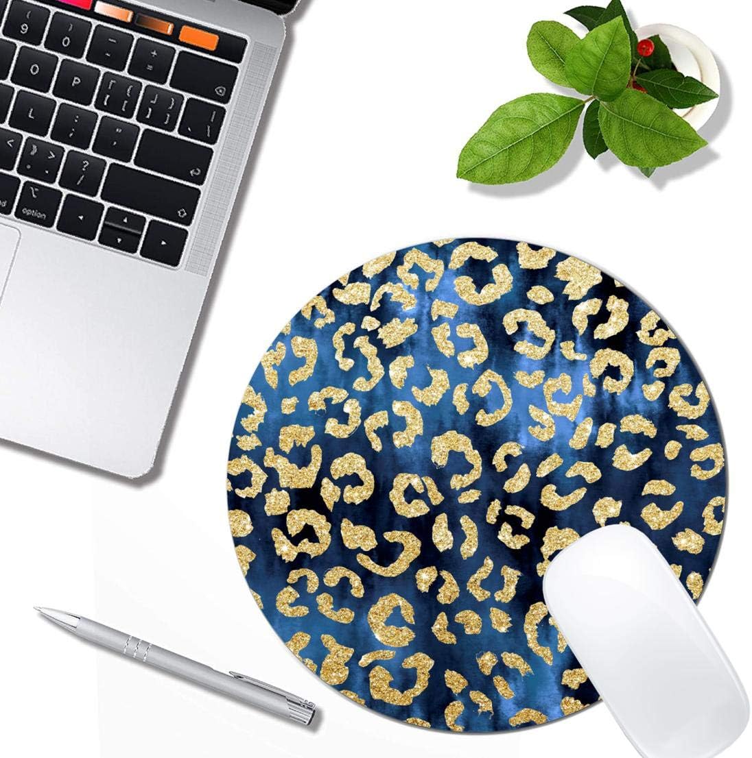 Leopard Gold Watercolor Navy Blue Mouse Pad Round Non-Slip Rubber Mousepad Laptop Office Computer Decor Cute Desk Accessories Customized Design Mouse Pad