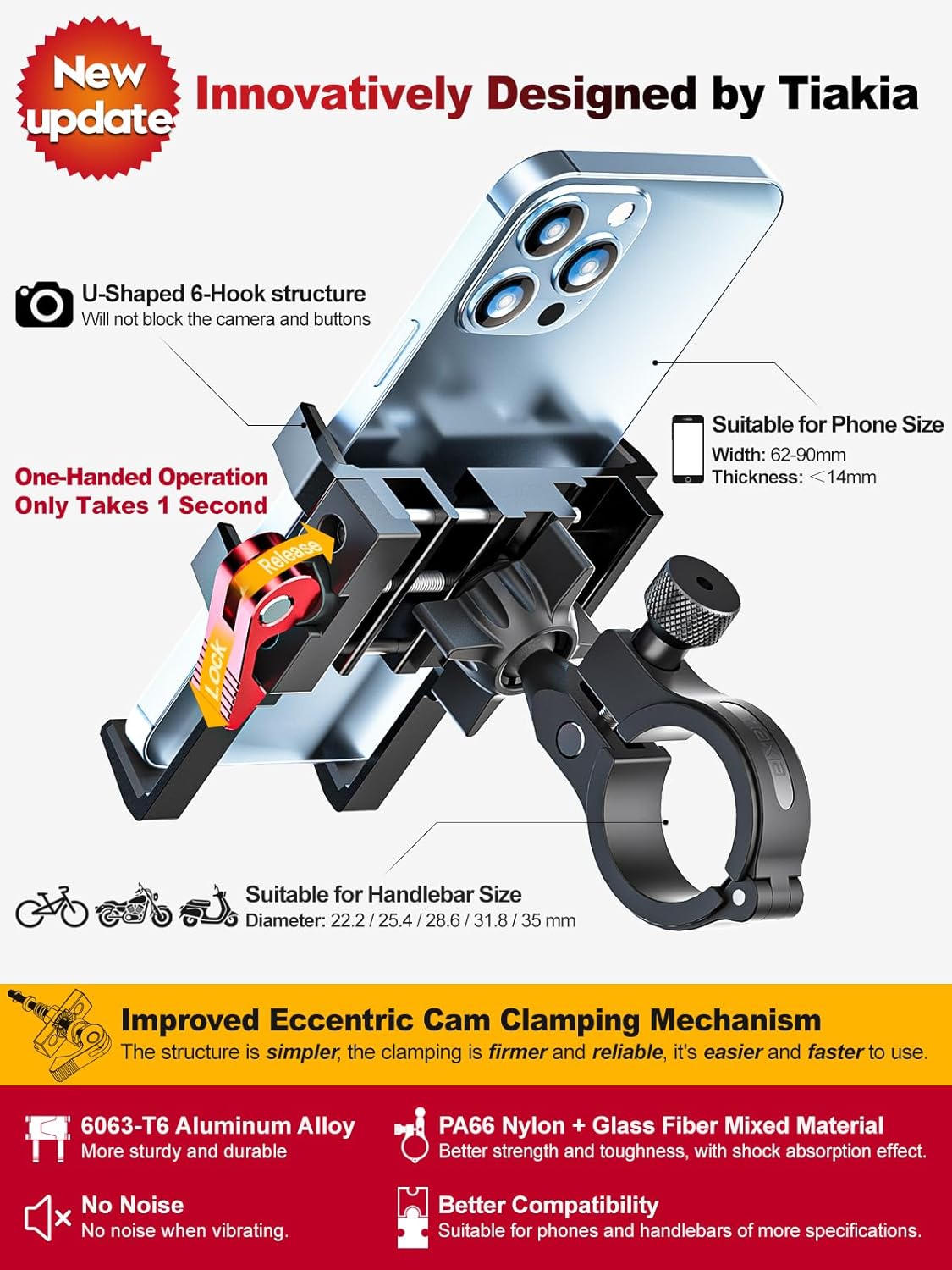 Tiakia Bike Phone Mount Holder, Aluminum Motorcycle Phone Mount, Handlebar Mounted Cell Phone Holder for Bike, 360° Rotation, Universal Bicycle Phone Mount for 4.5-7 Inch Phones