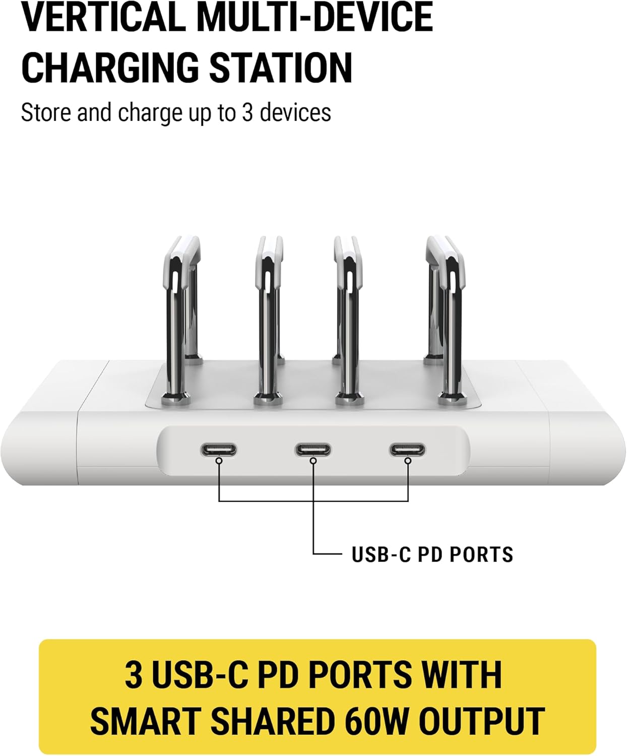Scosche BL2MD BaseLynx™ 2.0 Vert, 60W USB-C Vertical Charging Station for Multiple Devices, Charger Organizer with 3 PD Fast Charge Ports, Modular System Compatible with Apple iPhone & iPad, White