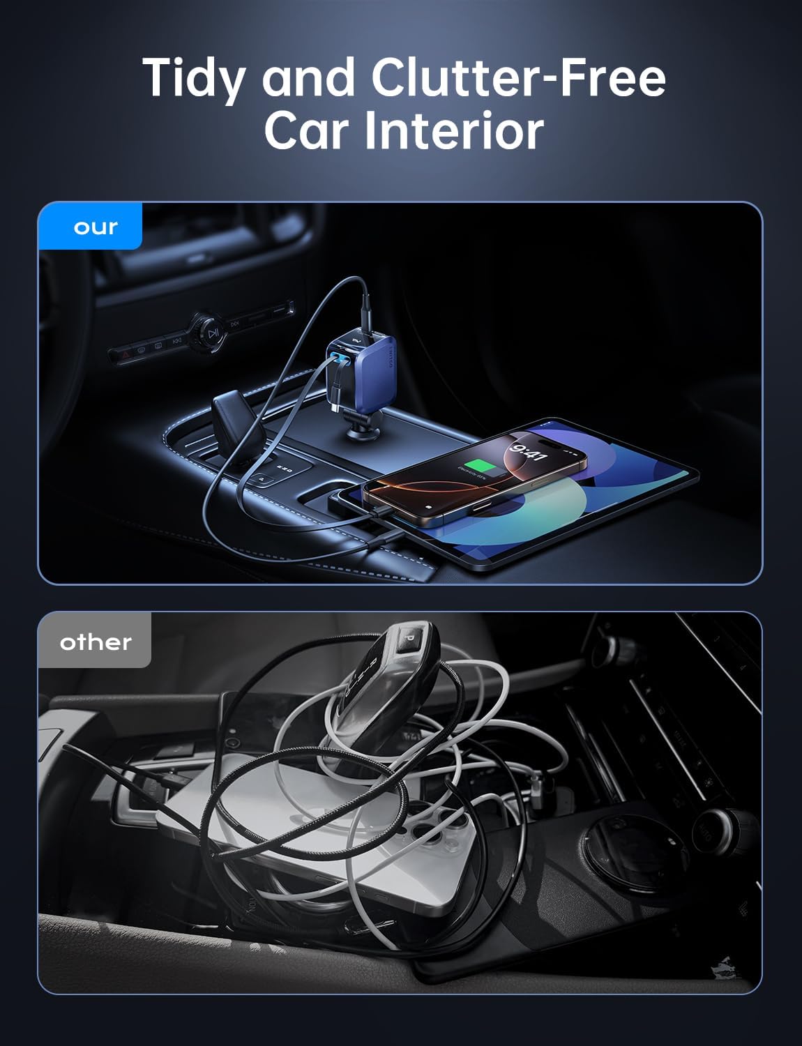 Retractable Car Charger, Car Accessories, 72W Fast Charging USB C Car Charger with 4FT Retractable Cables and 2 Ports, for iPhone 16 15 14 13 12, Samsung etc Dark Blue