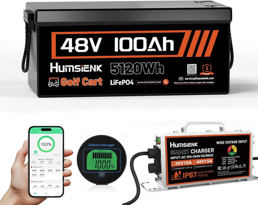 48V 100Ah Lithium Battery for Golf Cart with 15A Charger, Built-in Bluetooth 5.0 & 200A BMS,15000+ Deep Cycle LiFePO4 Battery with Low-Temp Protection for Golf Cart ﻿ Group 8D