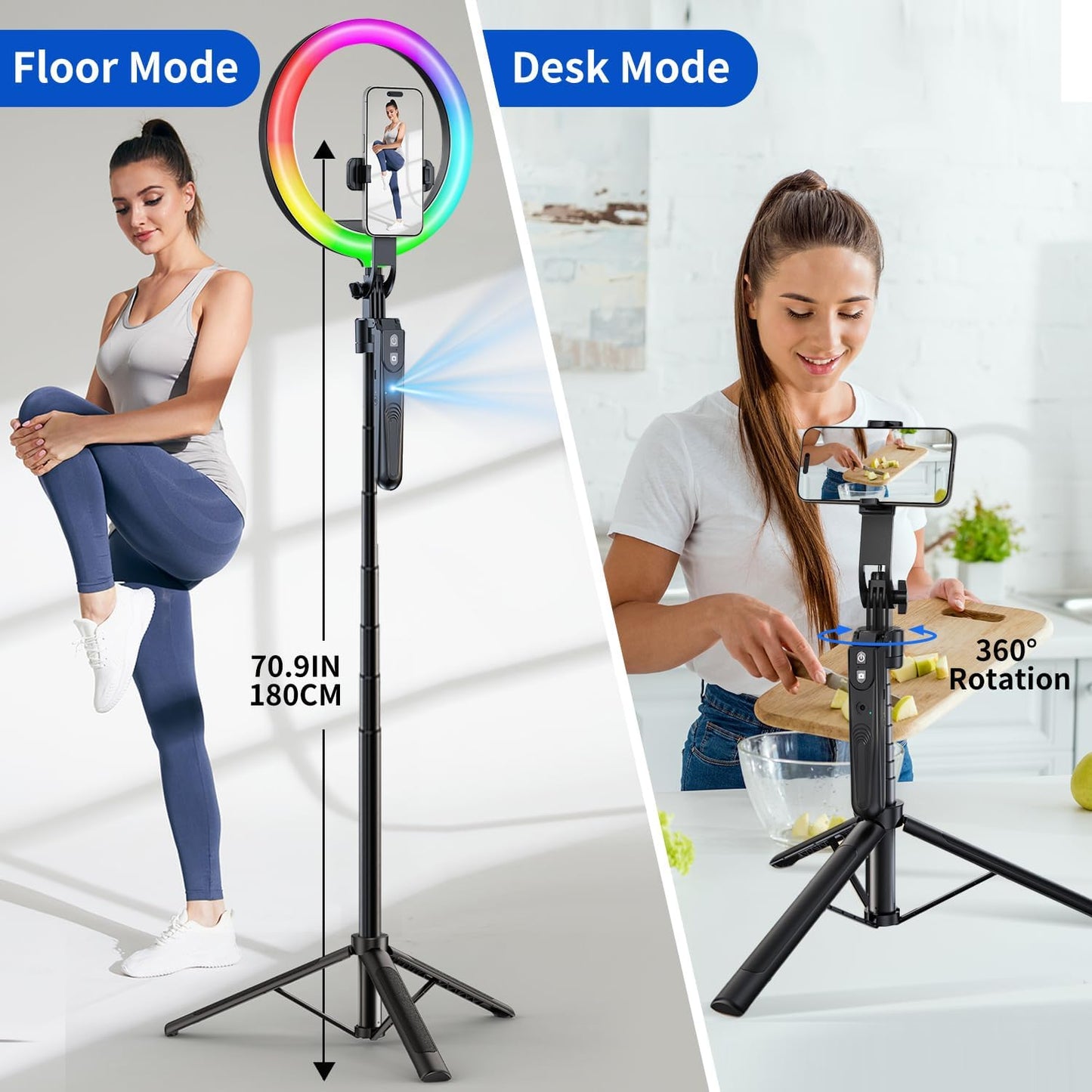 Auto Face Tracking 360 Rotation with 10" RGB Ring Light, Phone Tripod & Selfie Stick with Remote for Cell Phone 4"-7", Motion Sensor for Live Stream Vlog Video Recording