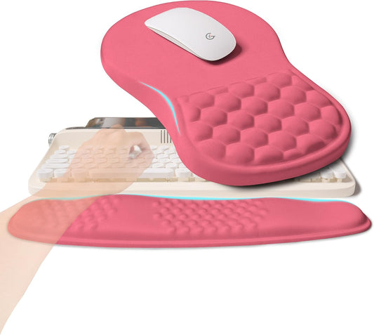 2-in-1 Ergonomic Set, Wave Rise Keyboard Wrist Rest and Massage Bulge Slope Mouse Pad Wrist Support, Cushion Memory Foam Integrated to Relieve Wrist Pain, Muskmelon Pink