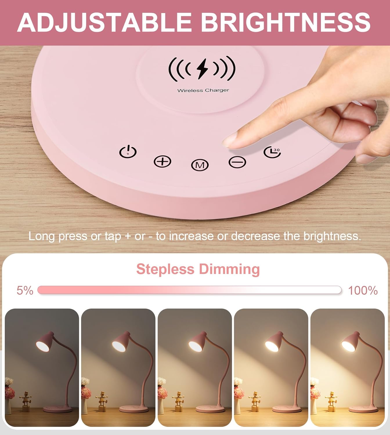 BOHON Cute Desk Lamp with USB C+A Charging Ports, Wireless Charger Pink Lamp, 5 Colors Stepless Dimming Reading Light, Touch Bedside Table Lamp, LED Desk Light for Home Office College Dorm Room Pink