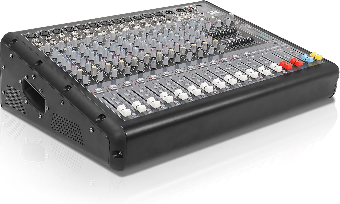Sound Town 14-Channel 2x800W Powered Mixer w/ 2 Bus, DSP effects, USB, MP3, Dual 7-band EQ, Phantom Power (TRITON-142PW)