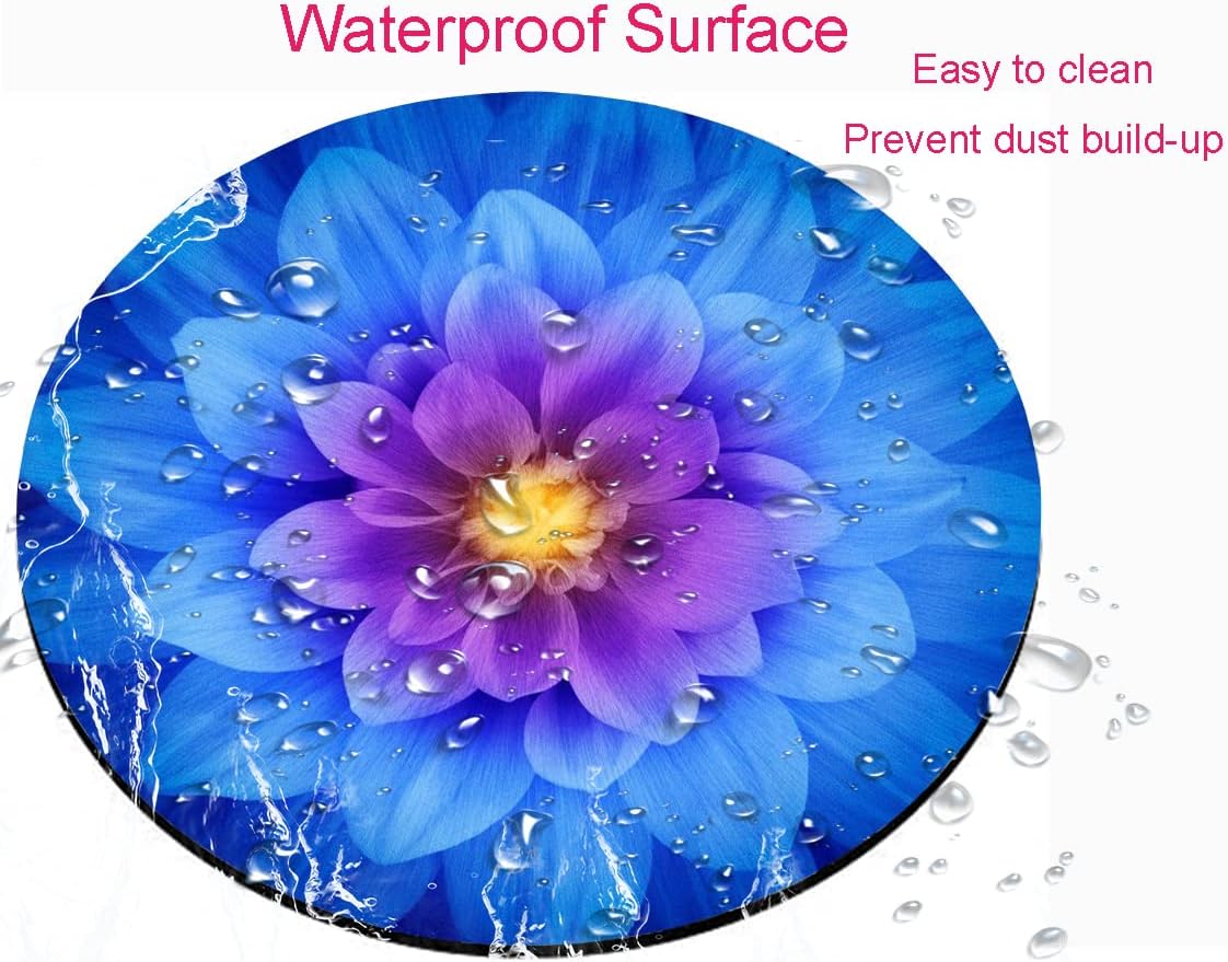 Mouse Pad, Cute Round Mouse Pad with Design, Blue Floral Computer Mouse Mat, Non-Slip Rubber Base Mousepad, Waterproof Women Office Mouse Pads, Flower