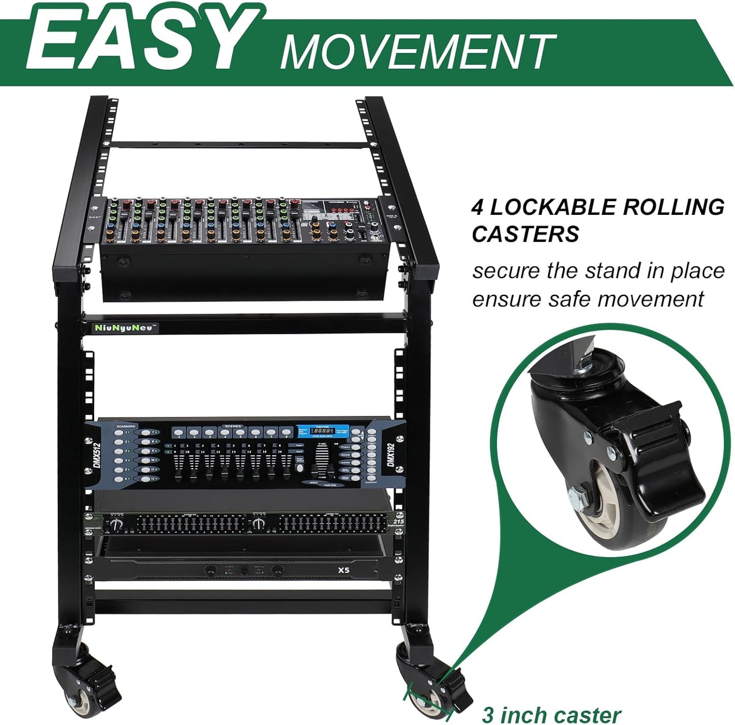 12U DJ Mixer Stand Rack Mount Rolling Stand Stage Cart Adjustable Rack Mount for Music Studio Booth Pro Audio Recording Cabinet Stage Equipment