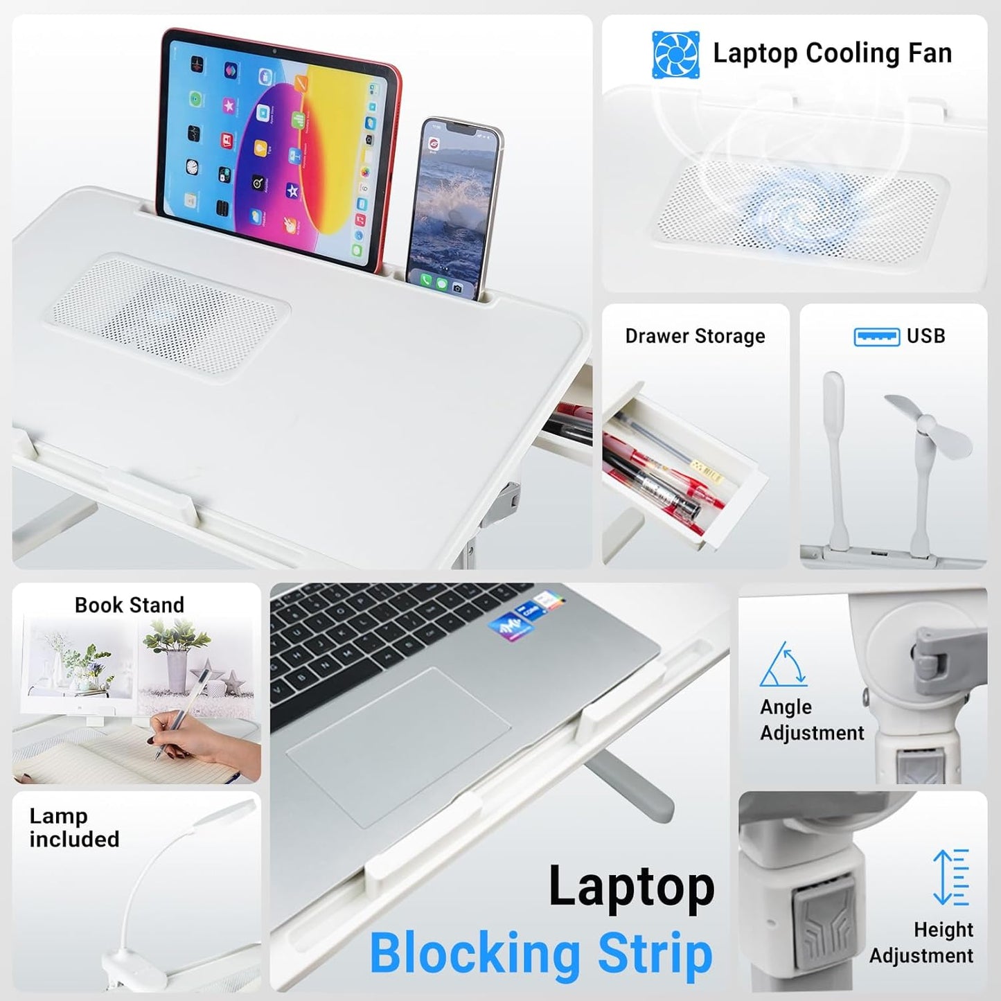 Laptop Lap Desk with Cooling Fan - Adjustable with Light, USB, Storage Drawer - Folding Bed Desk,22.04"*12.59",White