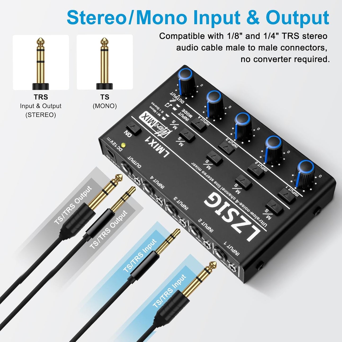 LZSIG Mini Audio Mixer, Stereo Line Mixer for Sub-Mixing, Ultra Low-Noise, 4-Channel, Dynamic Microphone Independent Control, 1/4" & 1/8" TRS Output and Input for Guitars,Bass,Keyboards