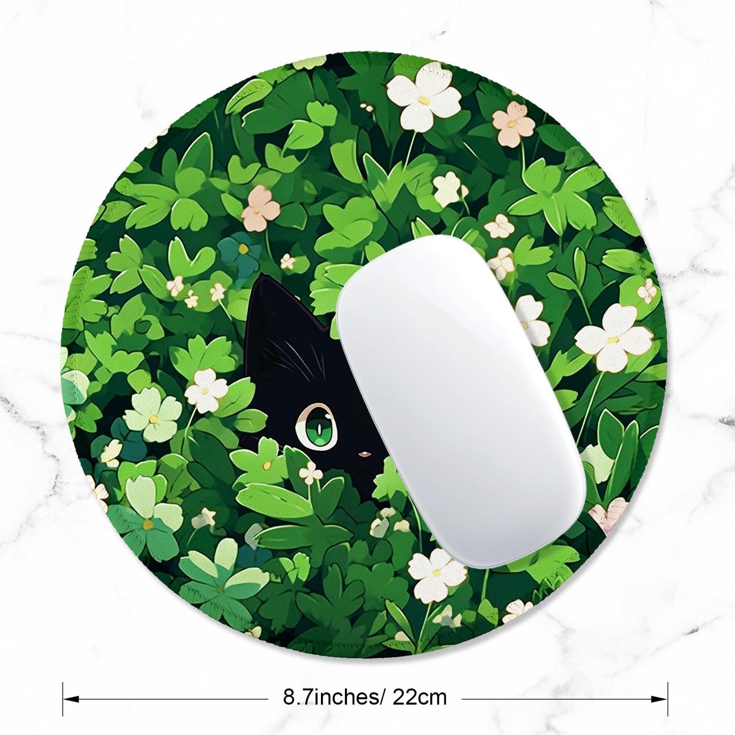 ITNRSIIET Round Mouse Pad with Stitched Edge Premium-Textured Waterproof Non-Slip Rubber Base Desktop Protection Mat Diameter 8.7 inches, Green Leave Cat