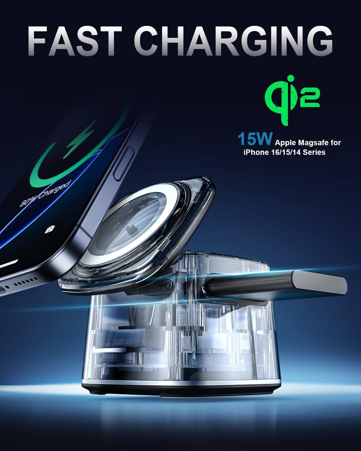 3 in 1 Charging Station for Apple Devices, Charger Stand for MagSafe, Qi2 15W Wireless Charging Station for Apple Watch& iPhone & AirPods& iWatch (with PD 30W Adapter)