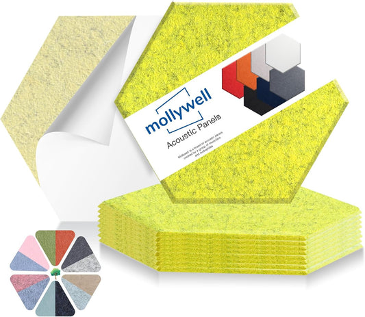 Mollywell Hexagon Acoustic Panels, High Density, Soundproofing, Decorative Noise Reduction Felt Wall Tiles for Ceilings, Home Office & Gaming Room (Lemon Green), 14x12x0.4 Inch