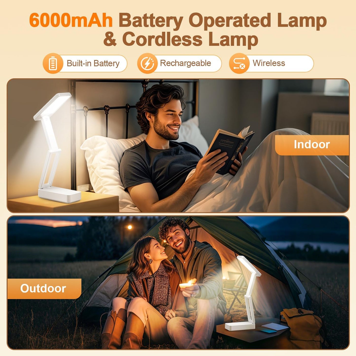 Rechargeable Lamps Cordless Lamps,6000mAh Battery Powered Lamp,3 Colors+Dimmable Desk Light,Rechargeable Table Lamp with USB Charging Port+45min-Timer,Wireless & Portable Light,Battery Operated Lights
