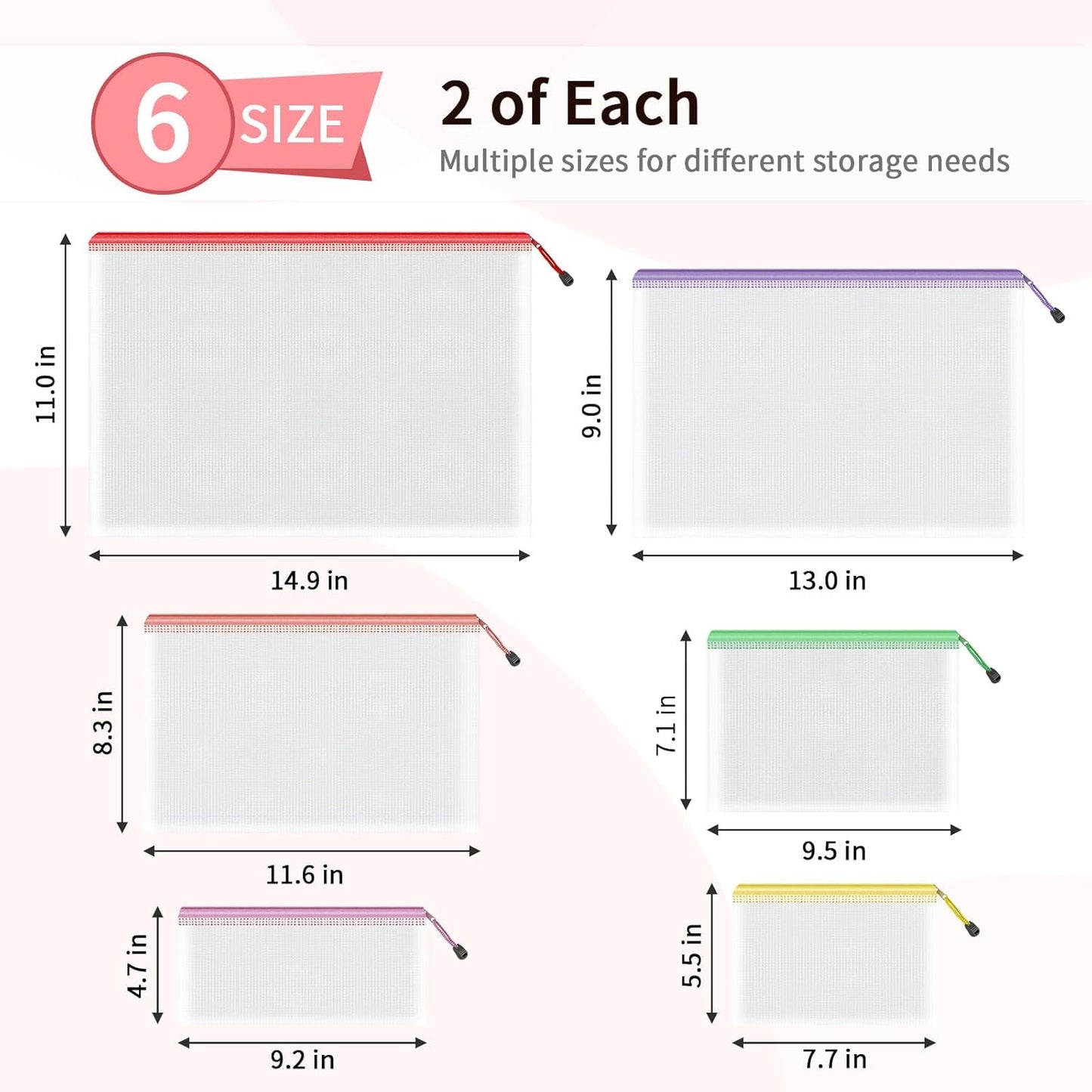 Umriox Zipper Bags, 6 Assorted Size (6 Colors, 12 Packs), Project Bags for Cross Stitch, Mesh Zipper Pouch for Office Supplies Travel Accessories and Board Games Storage