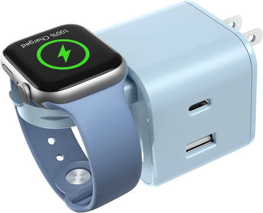 36W for Apple Charging Block with Built-in Watch Charger, Foldable PD Fast Charger Block for iPhone, Dual Ports Wall Charger Compatible with Apple Watch iPhone AirPods(Blue)