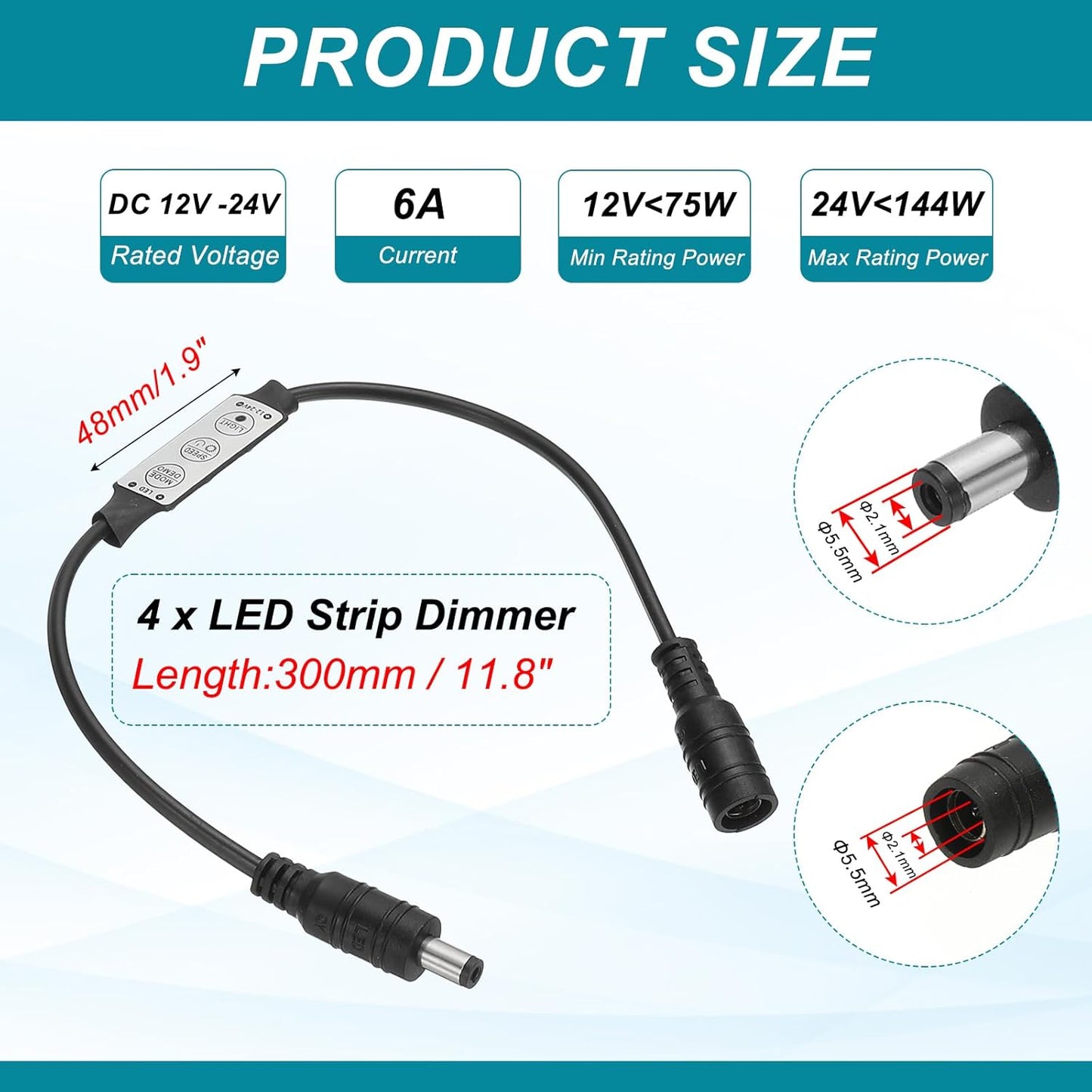 MECCANIXITY LED Strip Dimmer, 12V to 24V 6A Mini Brightness Adjustable Controller Lamp Switch with DC Plugs for Single Color Strips, Black Pack of 4
