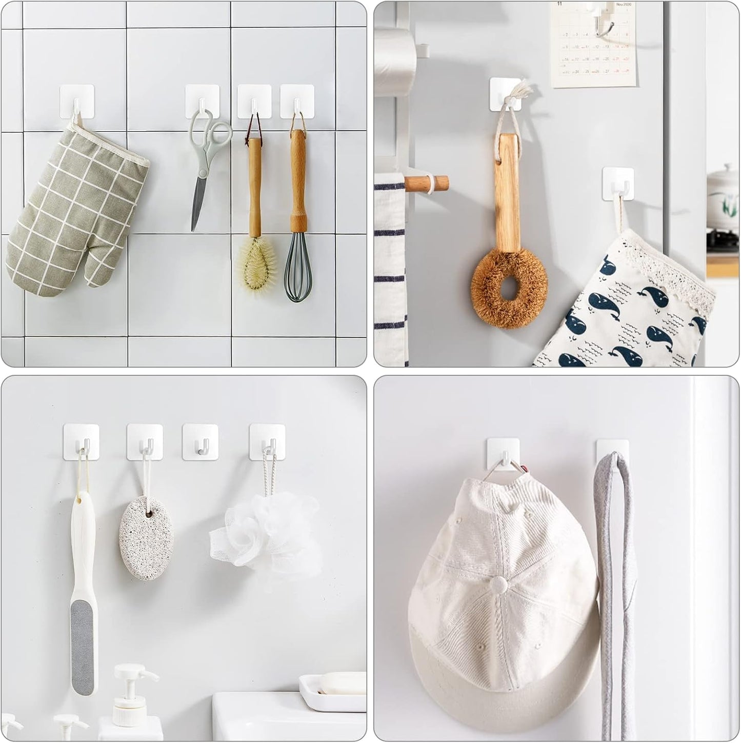 VIS'V Adhesive Hooks, Metal Shower Wall Stick on Hooks, Waterproof, 2 Extra Adhesive Strips, White, 4 Pcs