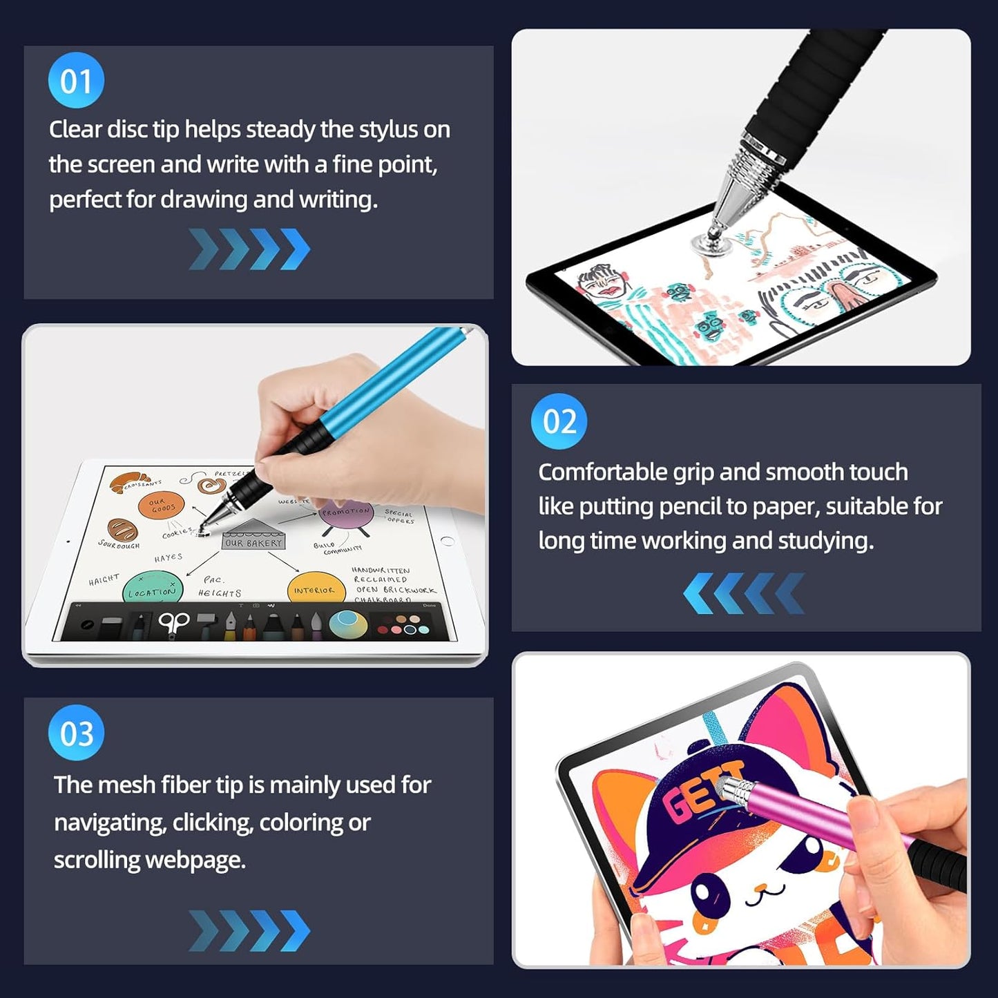 Capacitive Stylus Pen (4Pack,2 in 1 Precision Series), Fibre Tips Universal Touch Screens Stylist, Fine Point Disc Touchscreen Pencil Compatible for iPhone/iPad/Android/Tablet