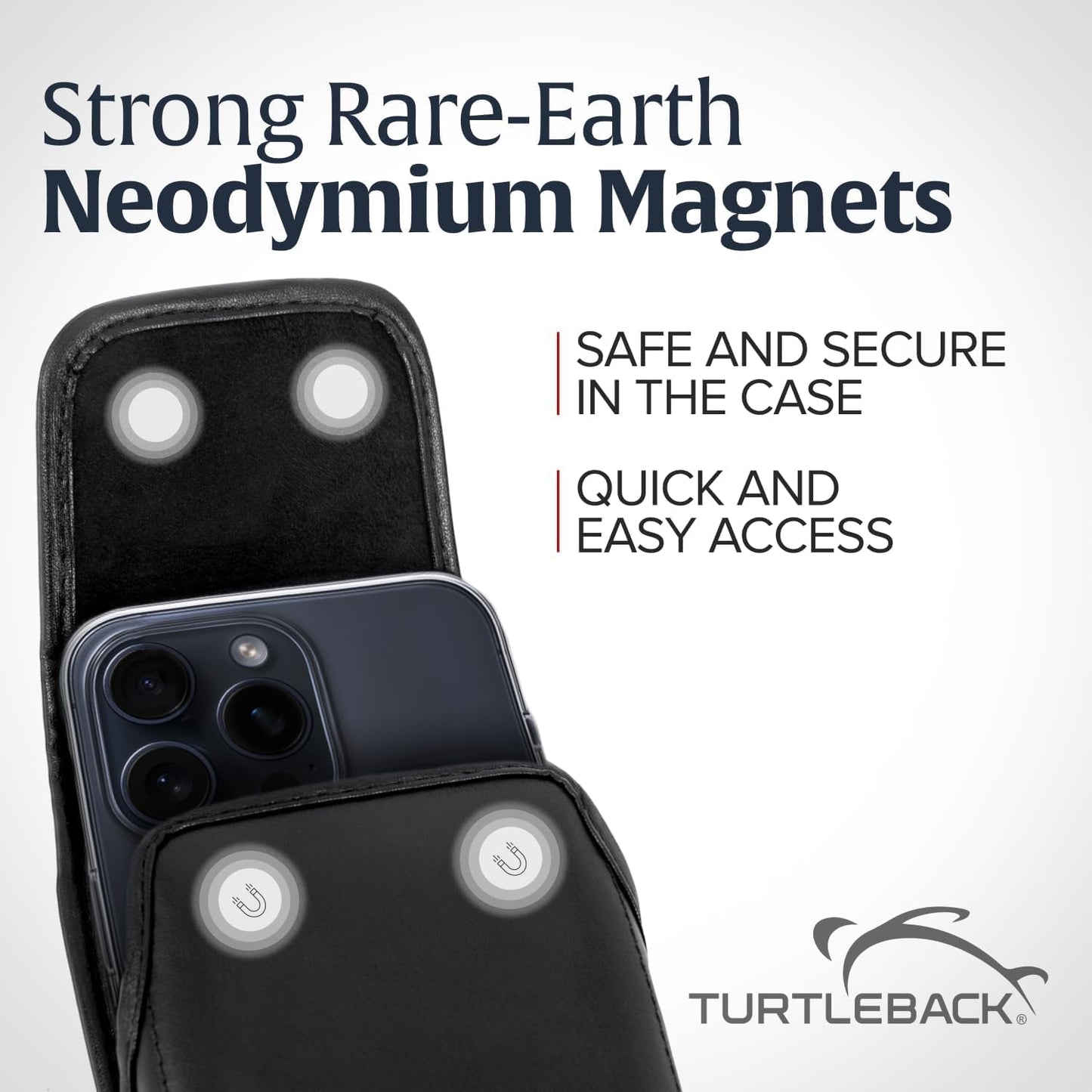 Turtleback Belt Holder for iPhone 16 Pro Max, 15 Pro Max, 14 Pro Max -Small- Fits w/Slim MagSafe Style Cases, Premium Black Leather Vertical Belt Holster Magnetic Closure Leather Wrapped Clip