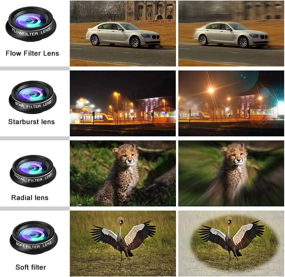 Phone Camera Lens Kit, 11 in 1 Cellphone Lens Kit for iPhone and Android, 0.63X Wide Angle+15X Macro+ 198°Fisheye+Telephoto+CPL/Flow/Radial/Star/Soft Filter+Kaleidoscope Lens