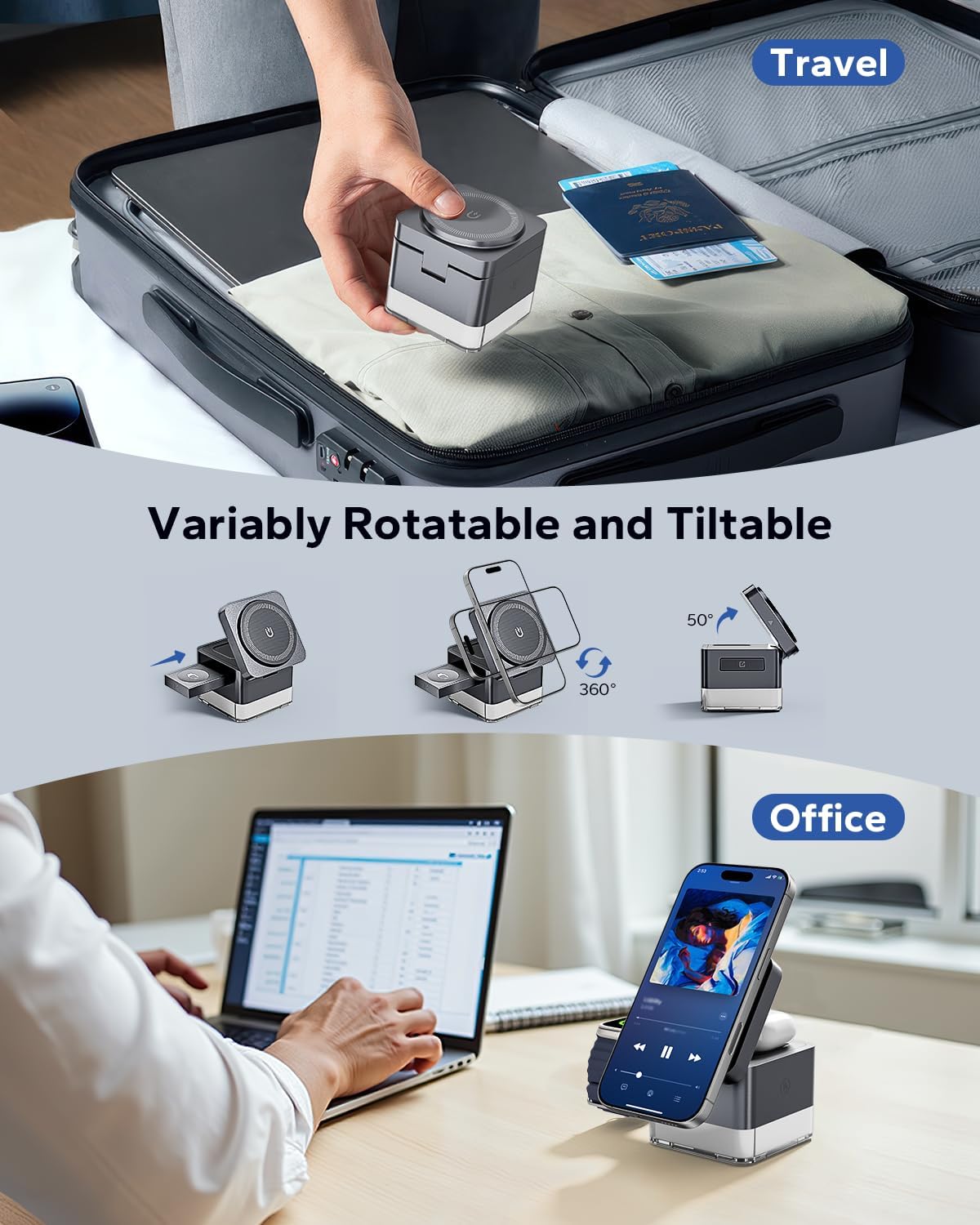 KPON for iPhone Nightstand Charging Station,15W 3 in 1 Wireless Phone Charger Stand with Night Lamp, Travel Foldable Magnetic Cube Magsafe Dock for iPhone 16 15 14 13 12 Series/Apple Watch/Airpods