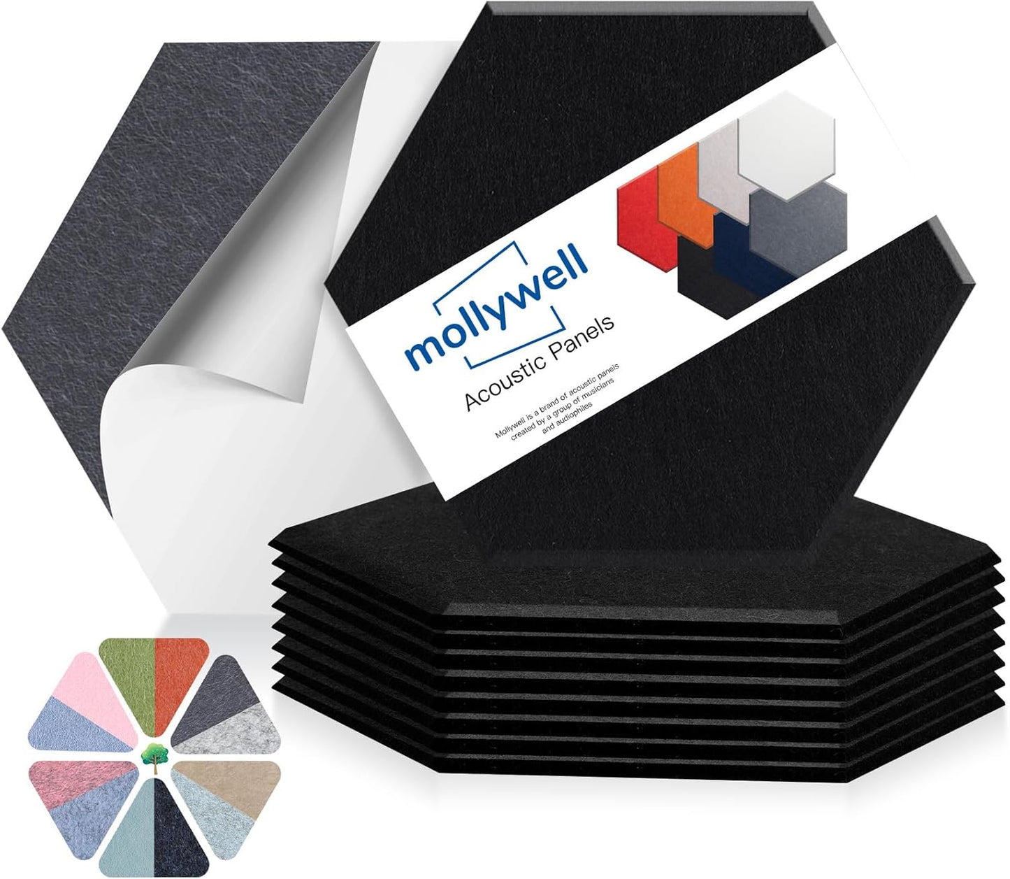 Mollywell Hexagon Acoustic Panels, High Density, Soundproofing, Decorative Noise Reduction Felt Wall Tiles for Ceilings, Home Office & Gaming Room (Black), 14x12x0.4 Inch
