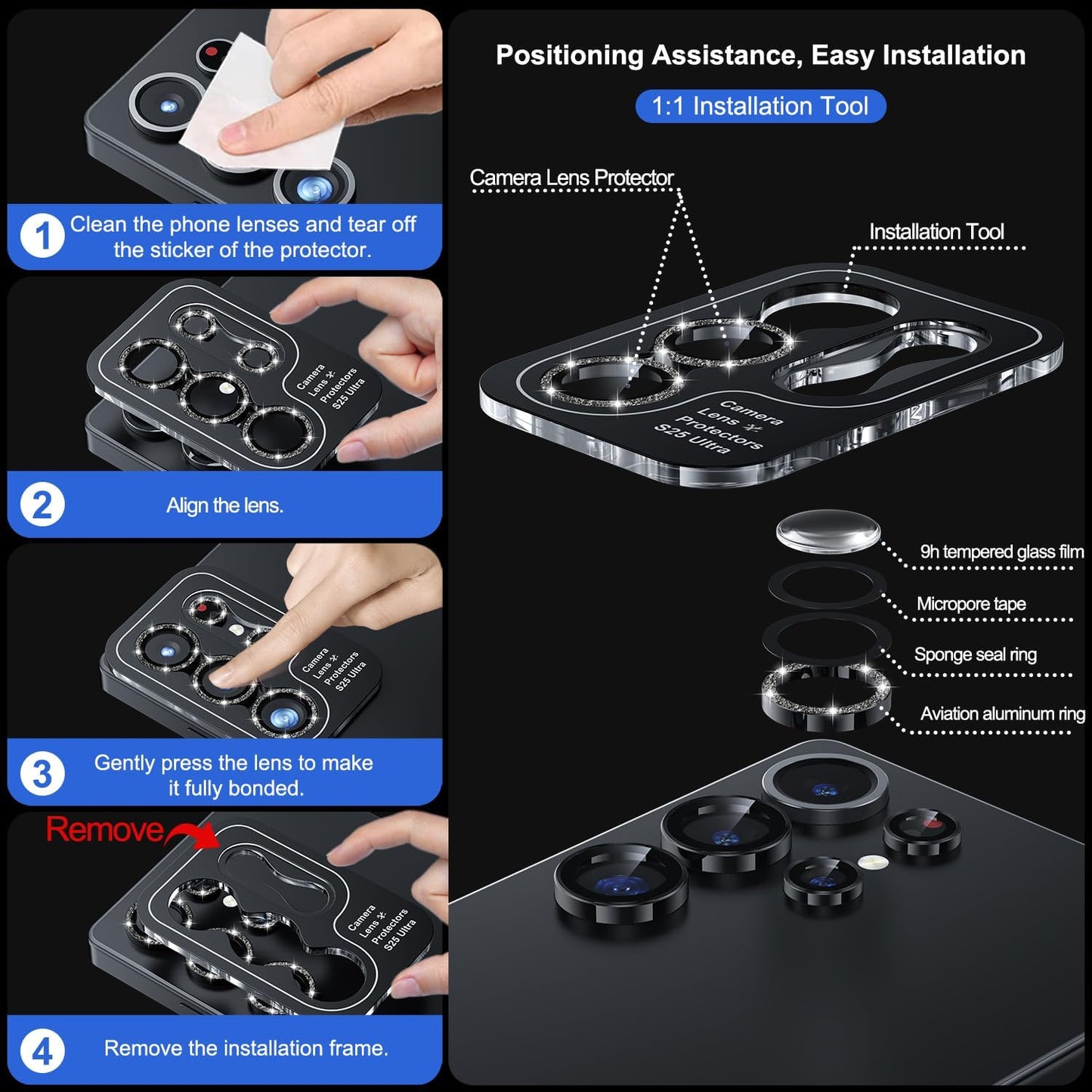 WSKEN for Samsung Galaxy S25 Ultra Camera Lens Protector - Ultra Thin Case Friendly, 9H Shatterproof Tempered Glass with Aluminum Metal Circle Camera Screen Protector Cover Accessories, Glitter Black