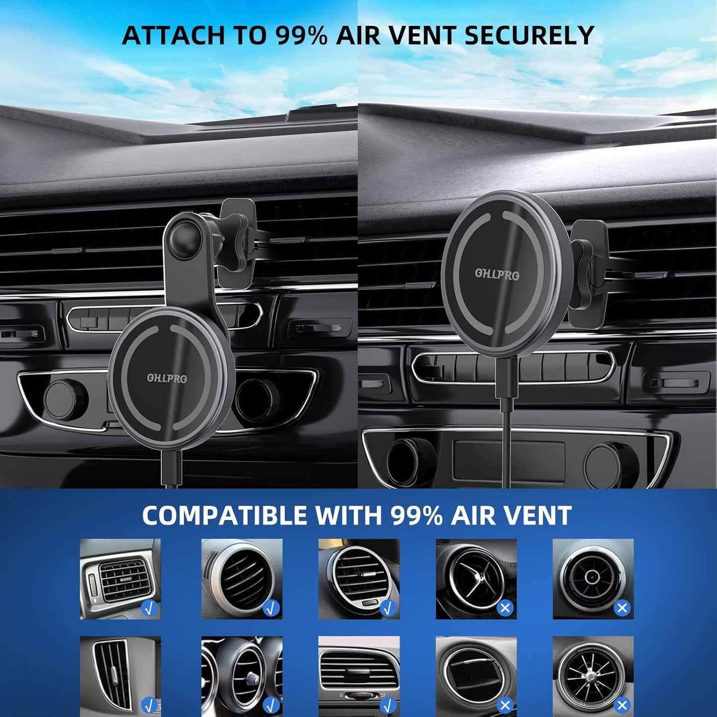 OHLPRO Compatible with MagSafe Car Mount for iPhone 16, Magnetic Wireless Car Charger with Extended Arm, Never Block Vents for iPhone 15/14/13/12 Serie, 15W Fast Charging Mag Safe Phone Holder, Grey