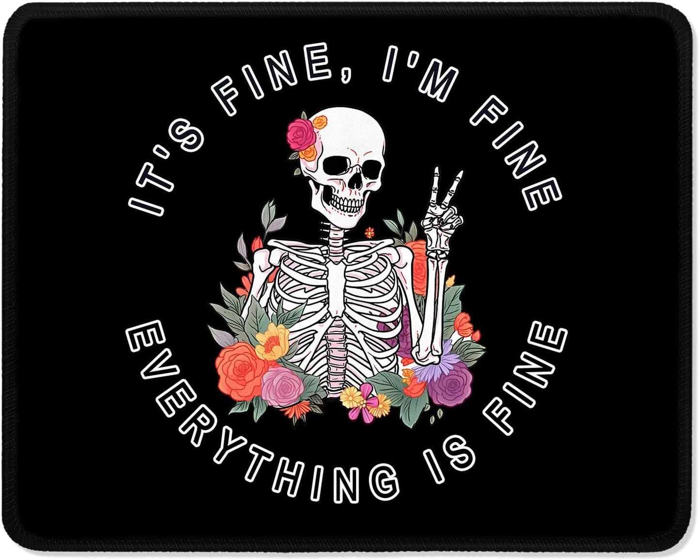 ITNRSIIET Mouse Pad with Stitched Edge Premium Textured Smooth Precise Operation Waterproof Washable Non-Slip Rubber Base Desktop Protection Mat, 10.2×8.3×0.12 inches, Flower Skull