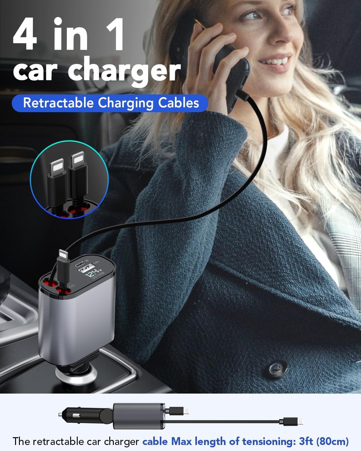 Retractable Car Charger, 4 in 1 Fast Charging 69W, Cigarette Lighter Adapter 2 Retractable iPhone Cables and USB Car Charger,Compatible with iPhone 15/14/13/12/11,Galaxy,Pixel