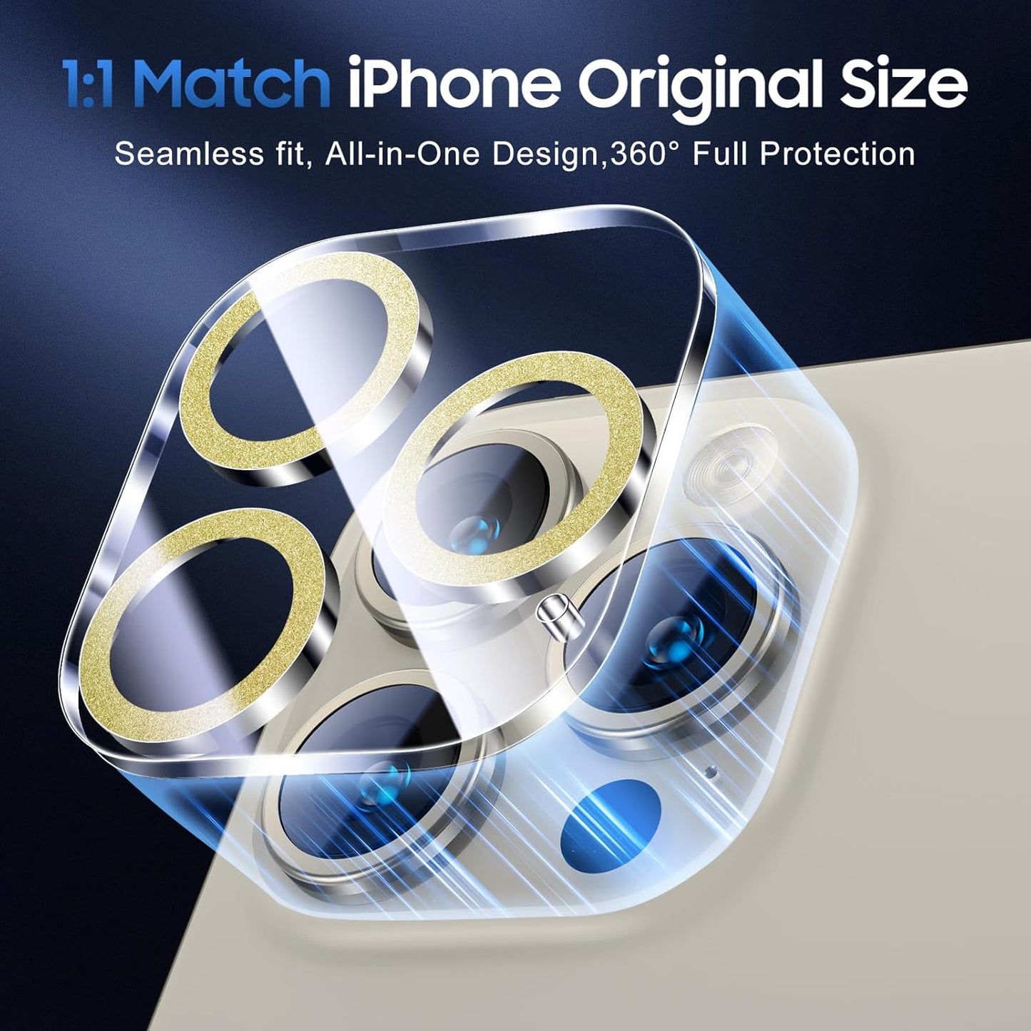 UniqueMe for 3 Pack iPhone 15 Pro/iPhone 15 Pro Max Camera Lens Protector, [Drop Protection] [Case Friendly] 9H Tempered Glass Camera Cover Screen [Update New Version] - Glitter Golden
