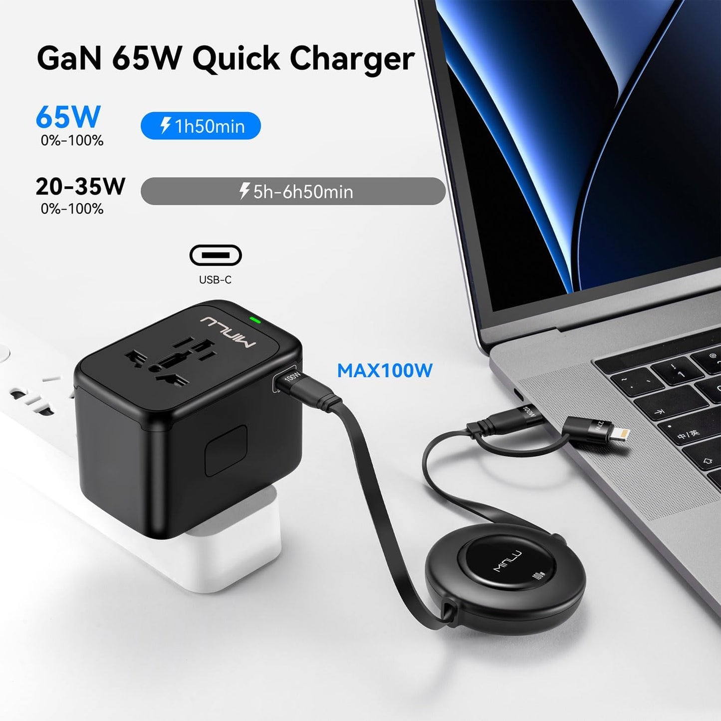 Universal Travel Multi Adapter, PD 65W Worldwide Travel Charger with 100W 3-in-1 Multi Cable/1 USB-A/3 USB-C Fast Charging, All in One Outlet Adapter for iPhone,Laptops,Type USA/EU/UK/AUS